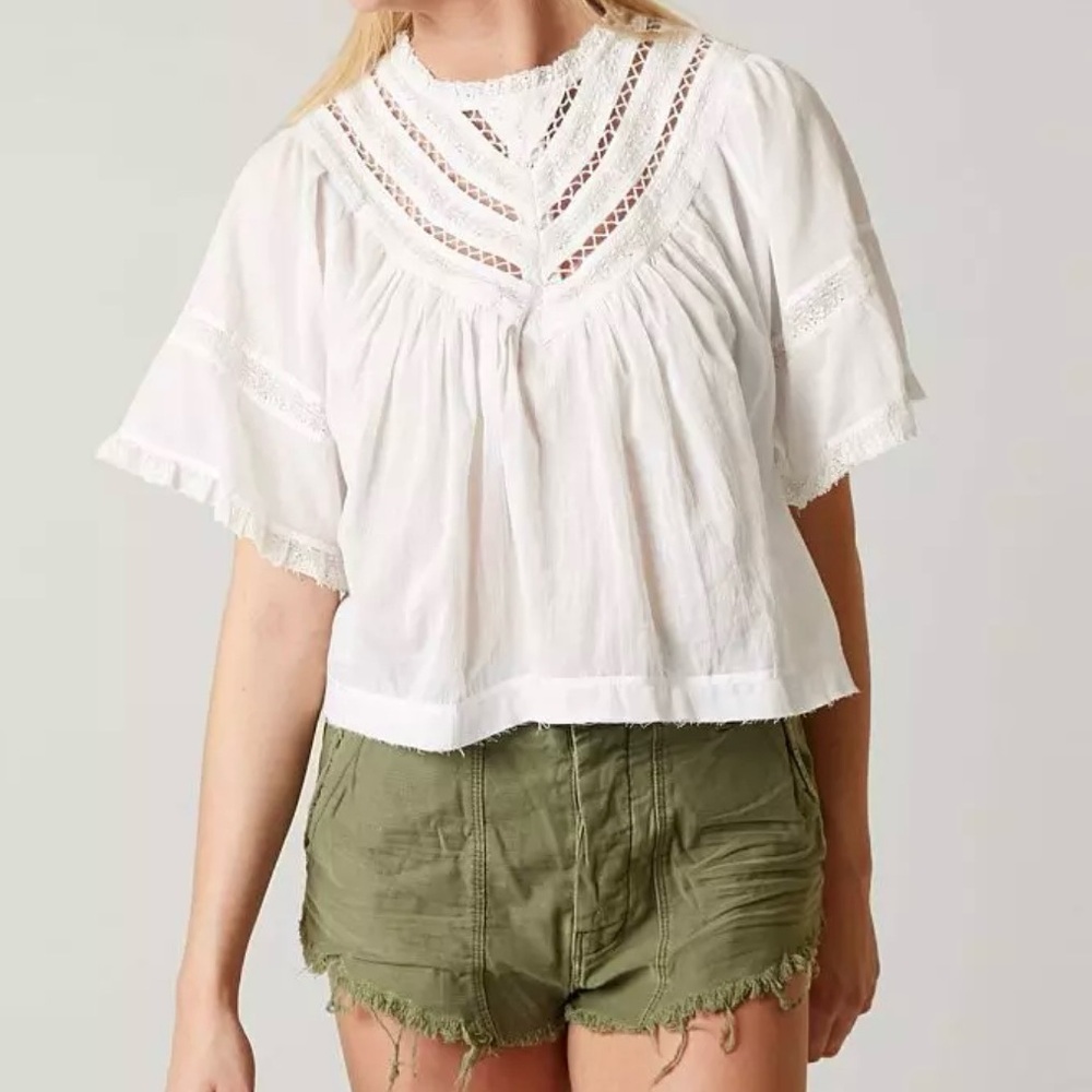 Free People White Crochet Yoke Flutter Sleeve Top